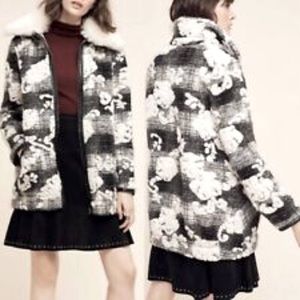 Anthropologie Hei Hei Small Cloudscape Car Coat Black White Wool Zip Collar